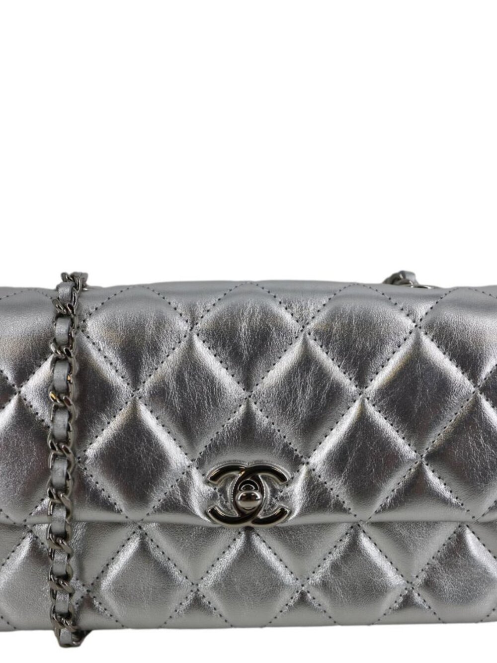 Chanel  Metallic O Phone Holder Quilted Lambskin Leather Chain Bag Silver